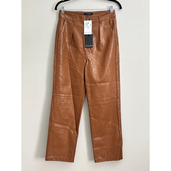 emory park Pants - NWT Caramel Color Faux Leather High Waist Pleated Wide Leg Pants Women's Size M